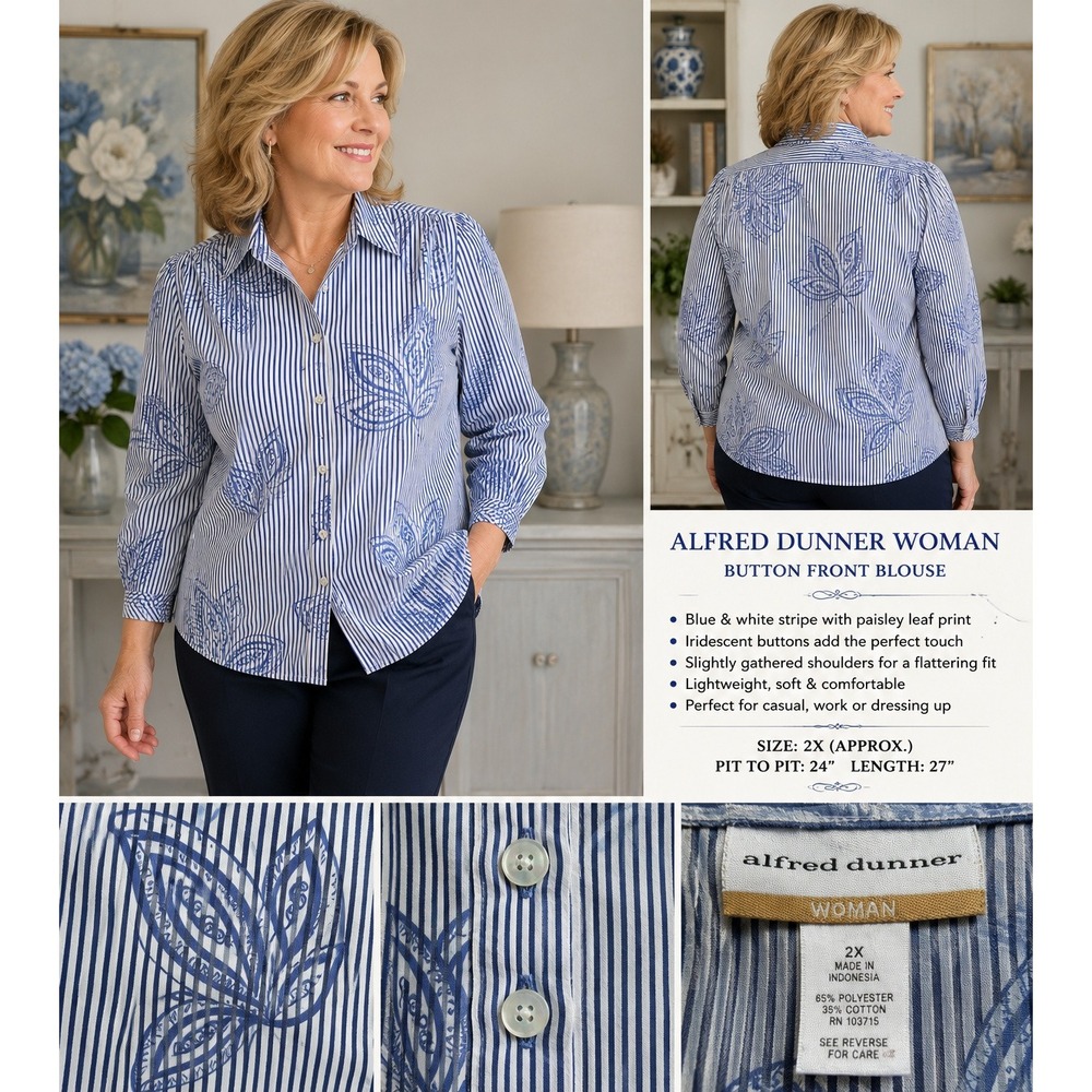 Alfred Dunner Vintage 90s Sequin Butterfly Stripe Blouse Blue White 2X